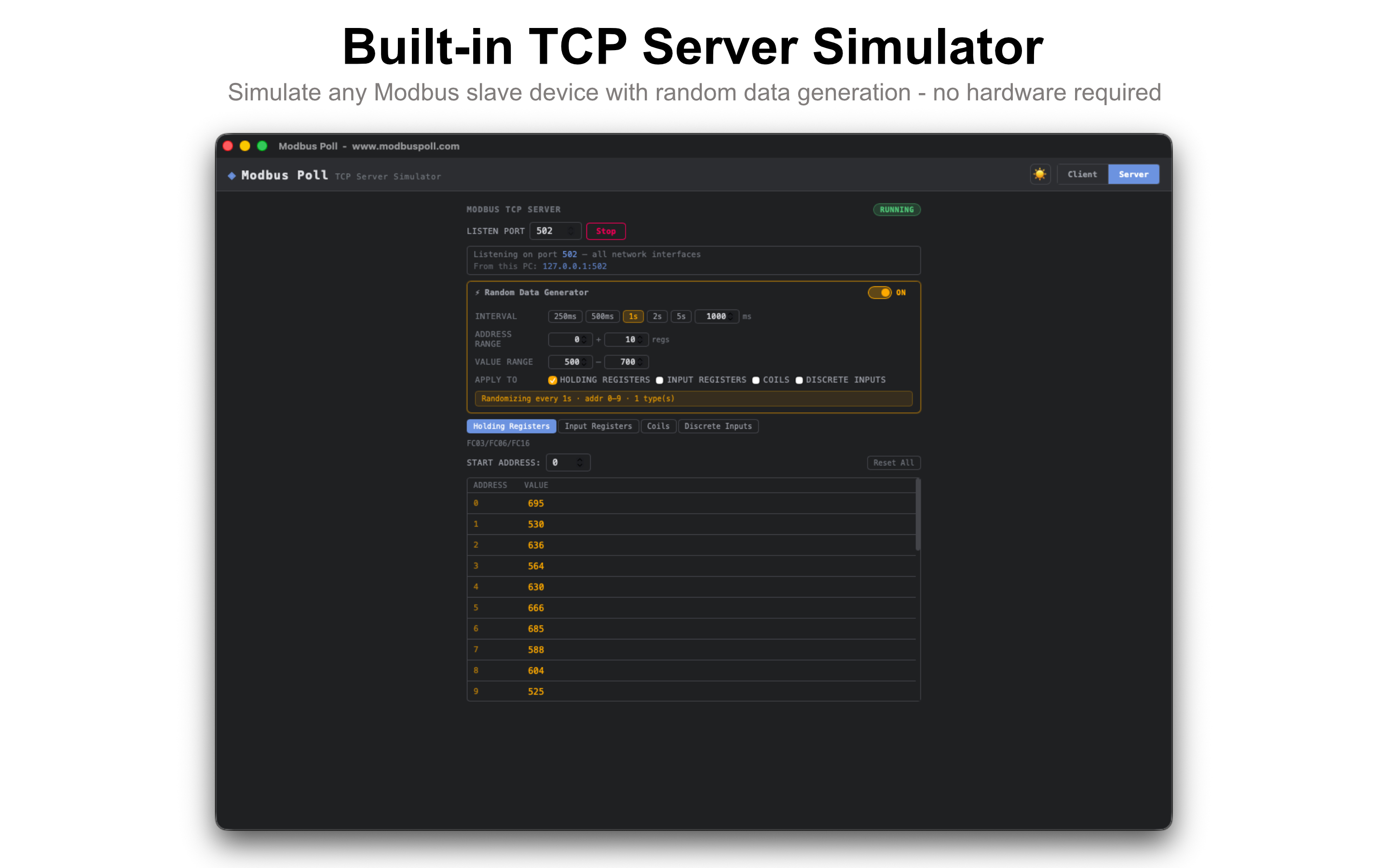 Built-in TCP Server Simulator
